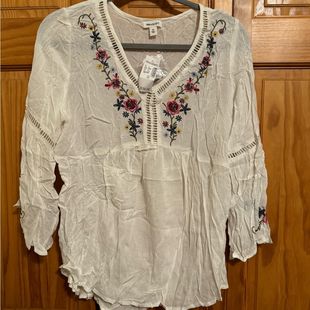 Dress Barn Cream Floral Embroidered Blouse